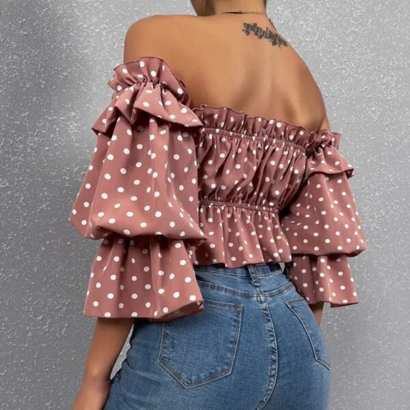 Dusty Pink Off Shoulder Polka Dot peplum Blouse - Picture 3 of 4